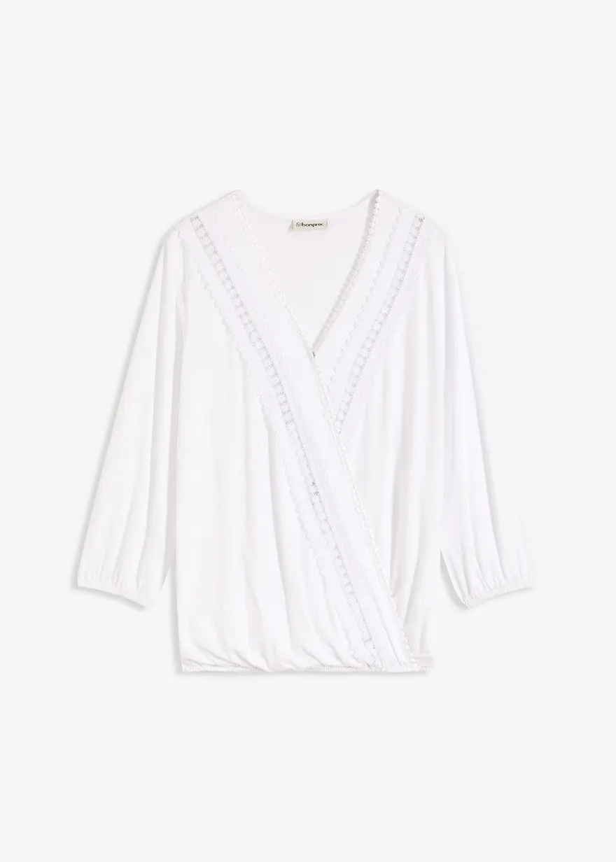 3/4-Arm Shirt mit Spitze in Wickeloptik