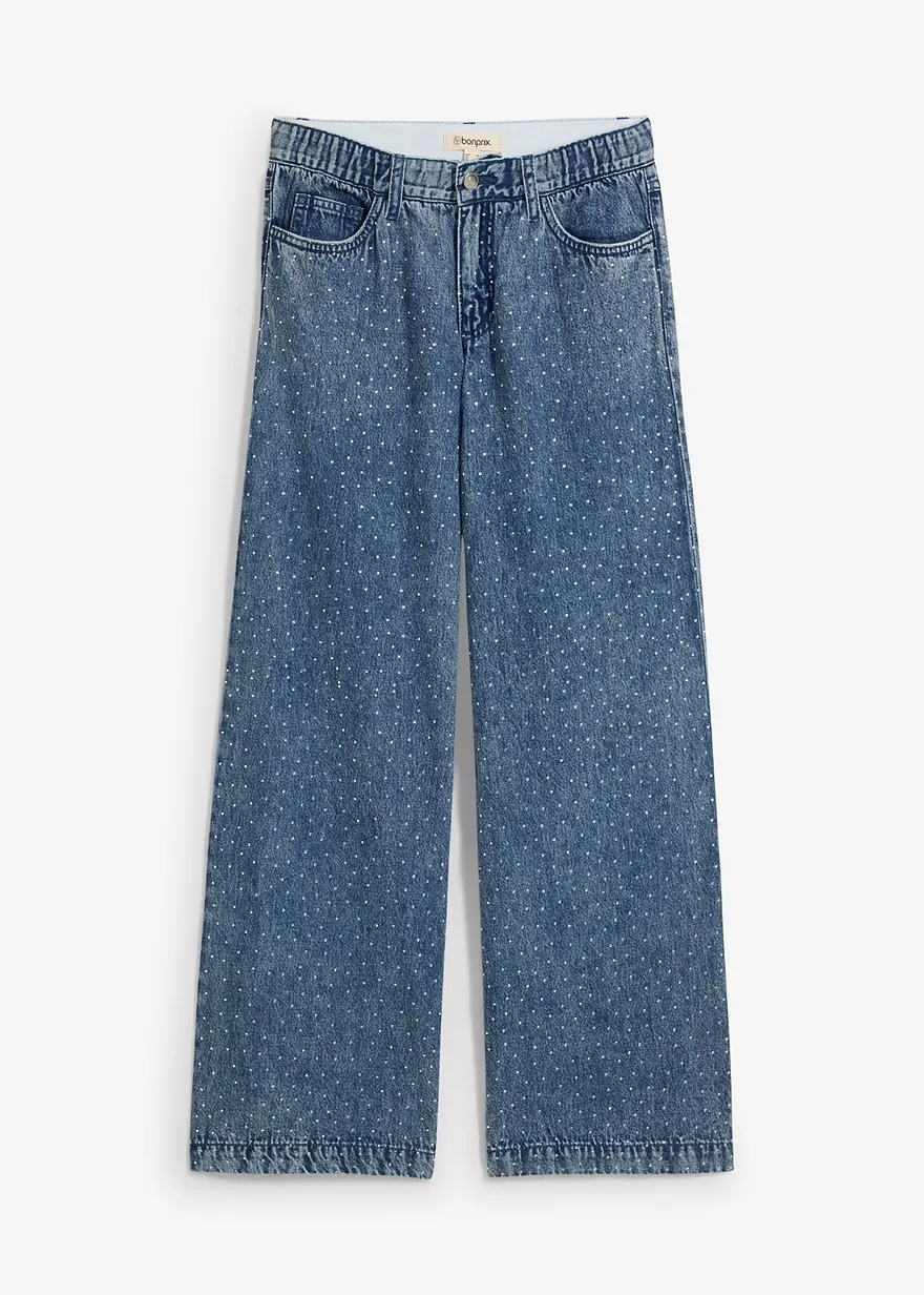 Wide-Leg-Jeans Mid Waist Bequembund mit Strass