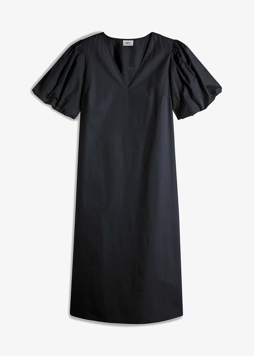 Midi-Web-Kleid mit Ballonärmeln aus Bio-Baumwolle, knieumspielend