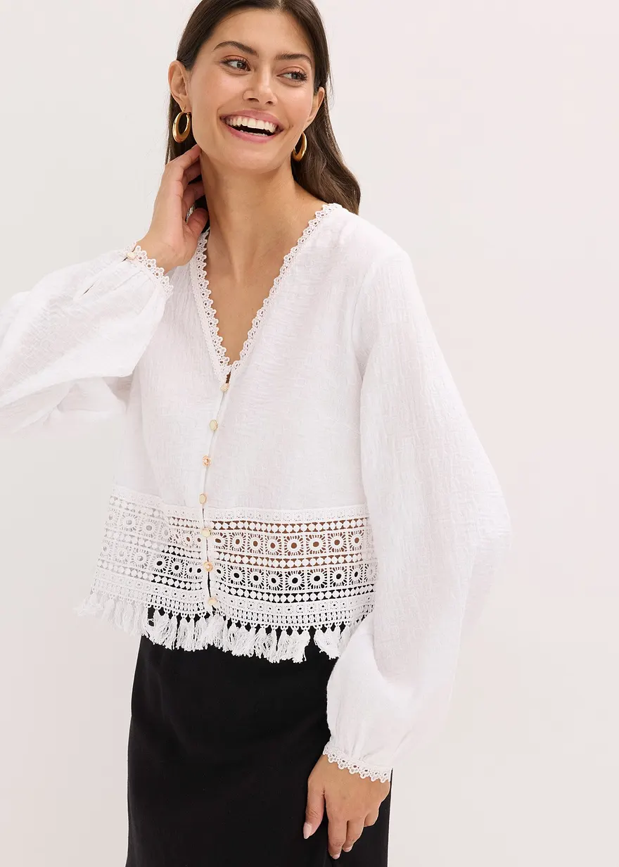 Bluse mit Crochet-Einsatz und Fransen