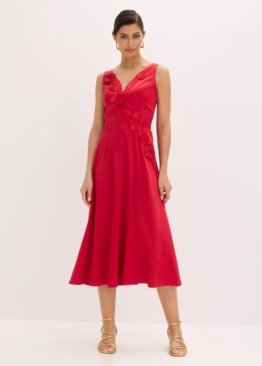 Midikleid aus glänzendem Satin mit Blumen-Applikation