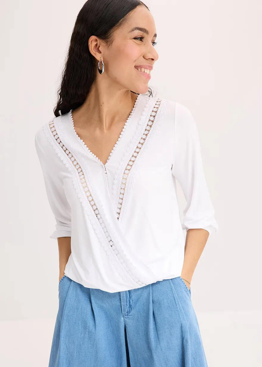 3/4-Arm Shirt mit Spitze in Wickeloptik