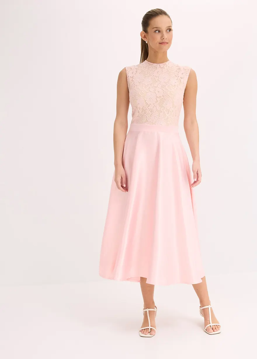Midikleid aus glänzendem Satin mit Spitze