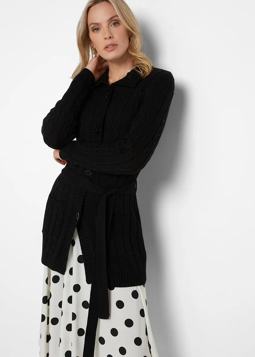 Longstrickjacke mit Zopfmuster