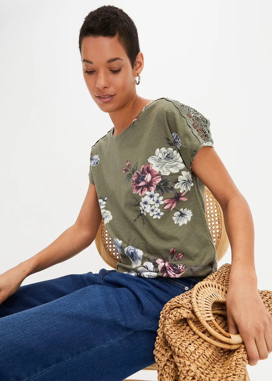 Bedrucktes Shirt mit Spitze
