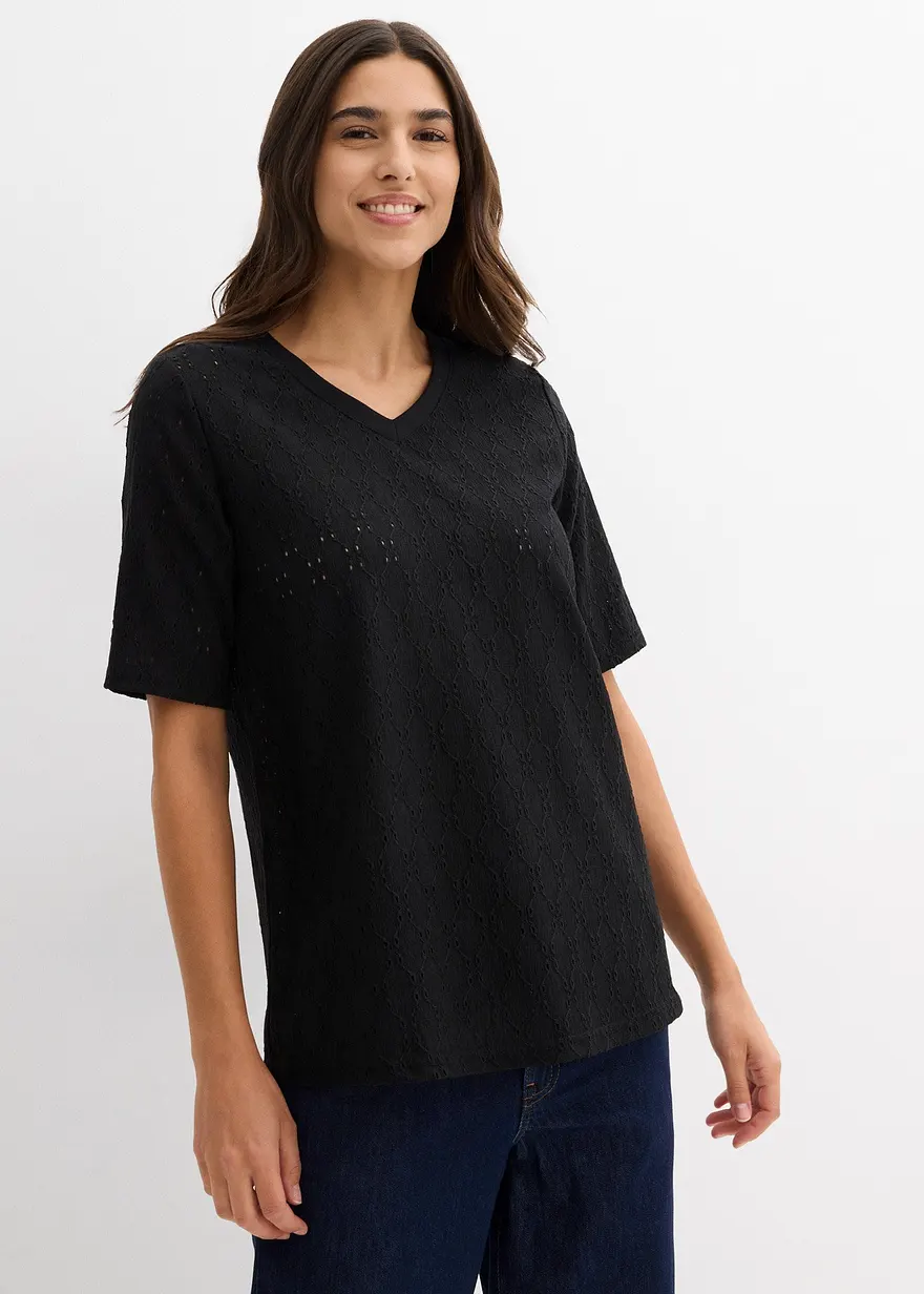 Crêpe-Shirt mit Lochstickerei