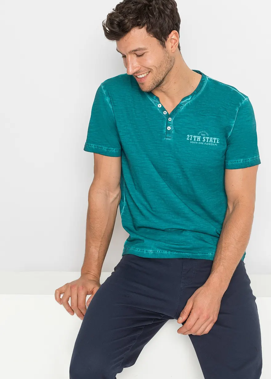 Henleyshirt, Kurzarm in gewaschener Optik aus reiner Baumwolle
