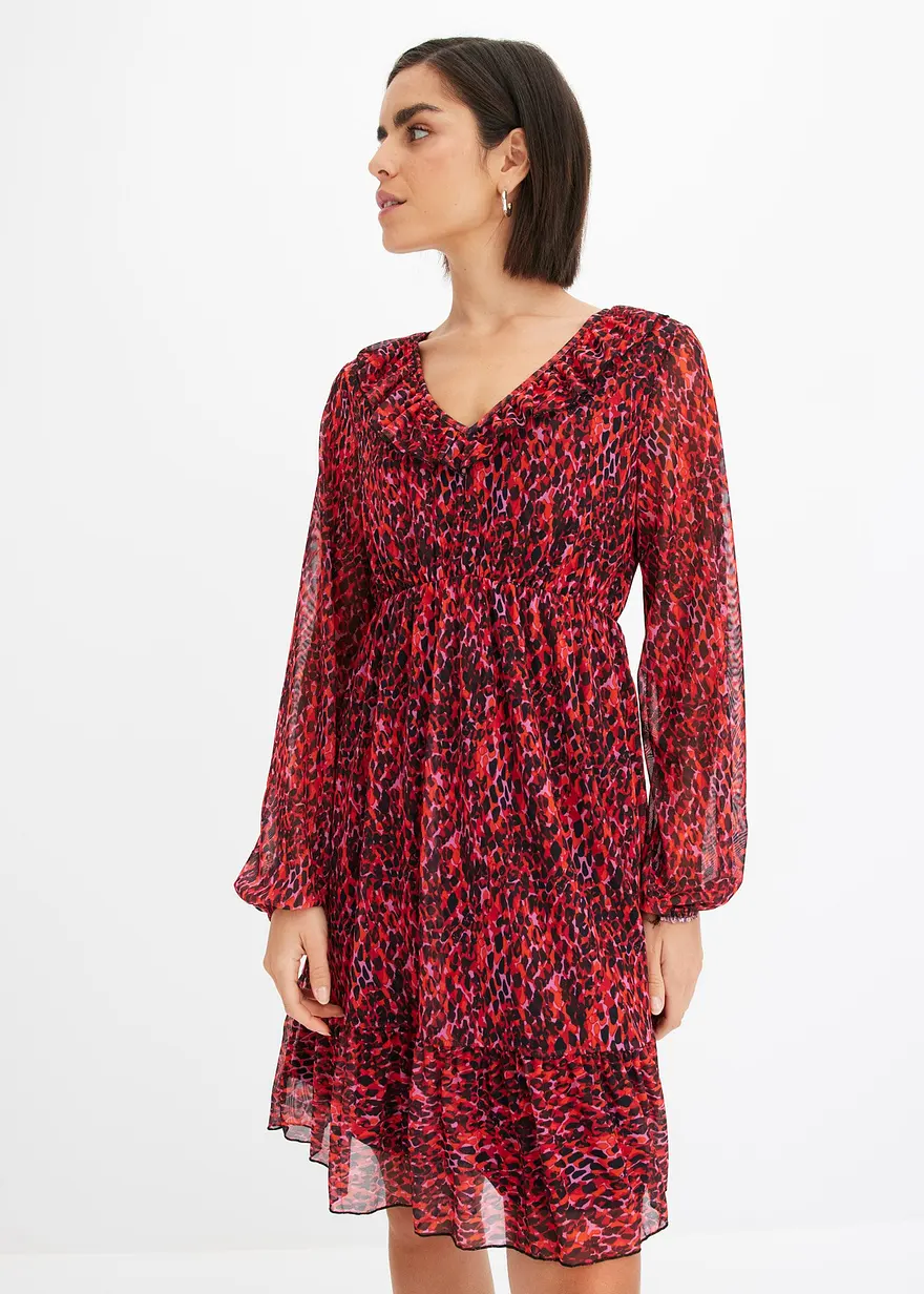 bedrucktes Mesh-Kleid mit Volants