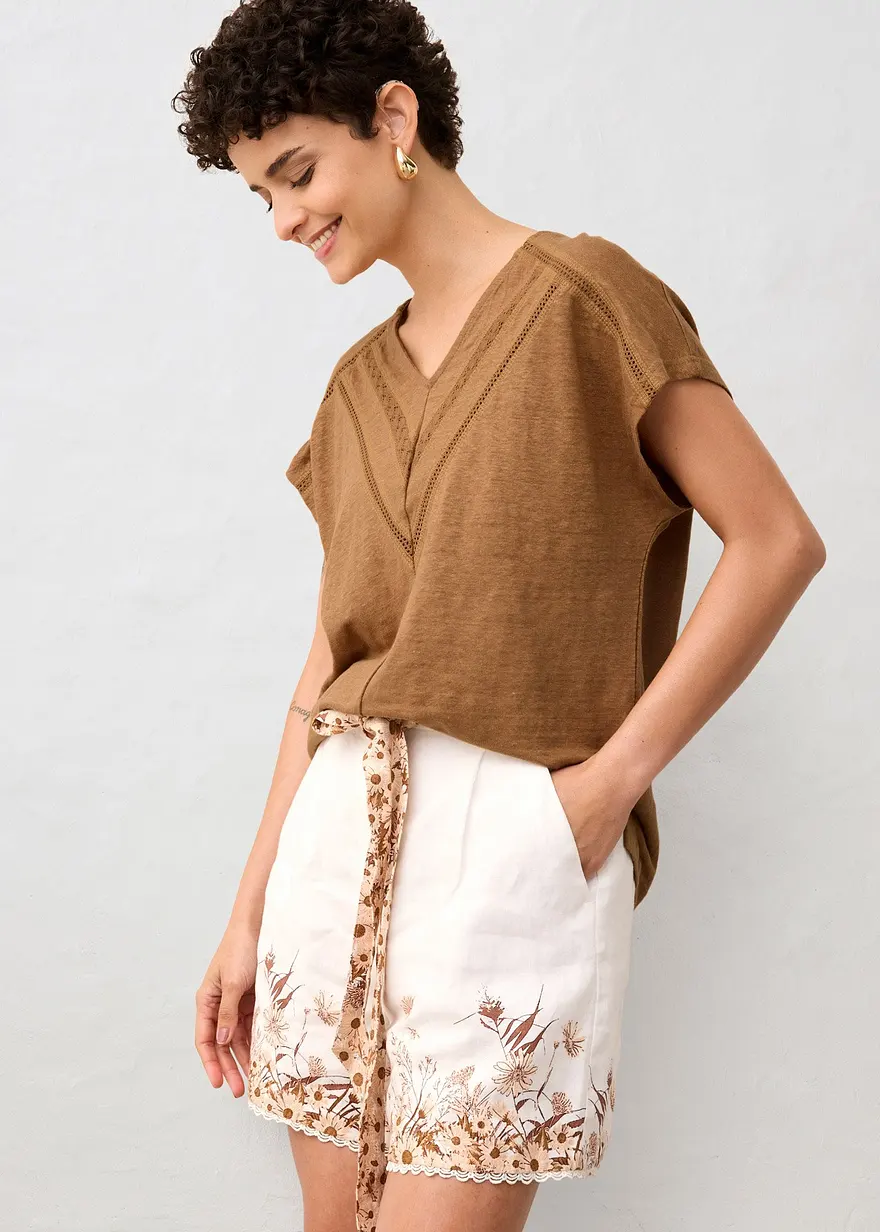 T-Shirt aus reinem Leinen mit Spitze