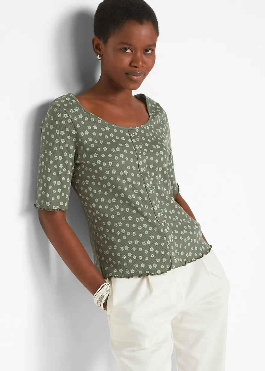 Ripp-Shirt mit Blumendruck, Halbarm