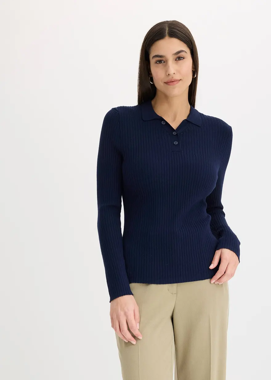 Ripp-Strickpullover mit Polokragen