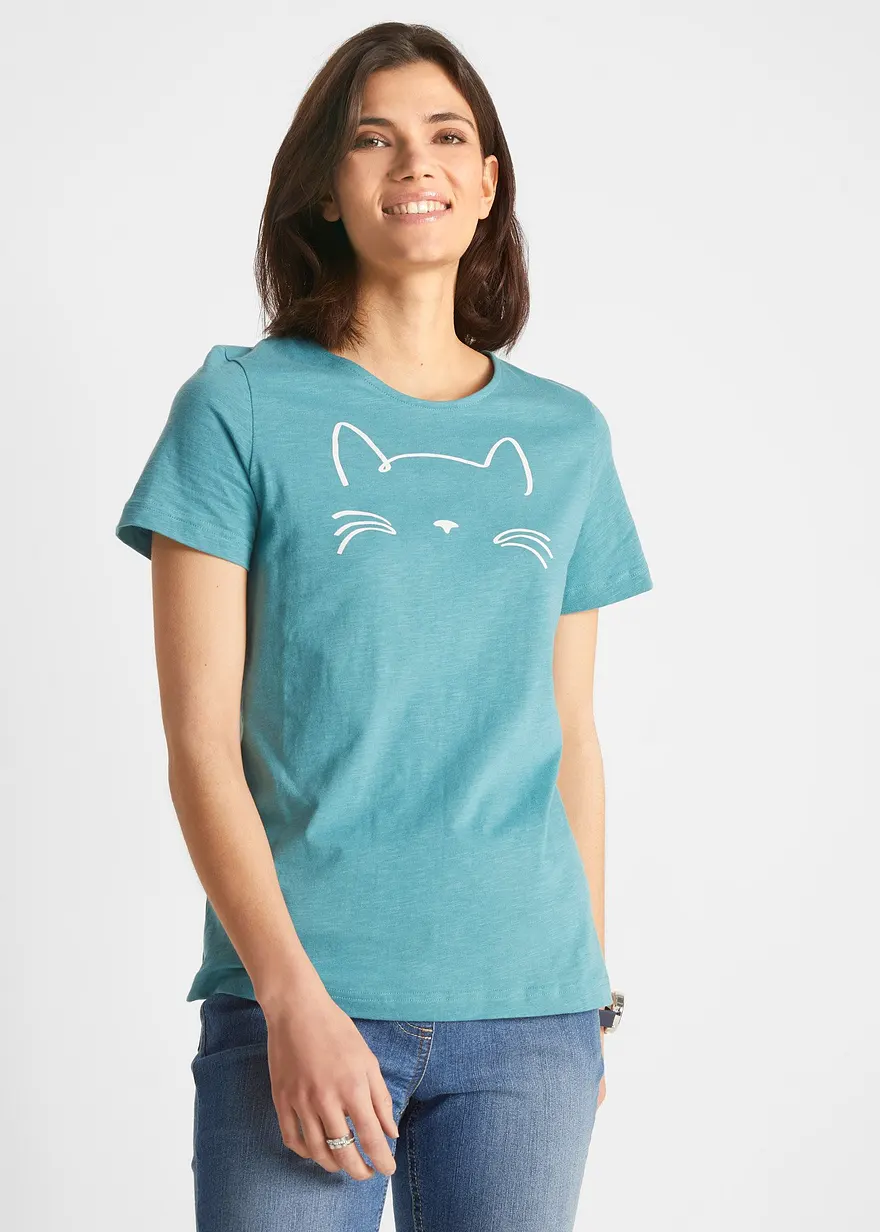 Kurzarmshirt mit Katzen-Druck