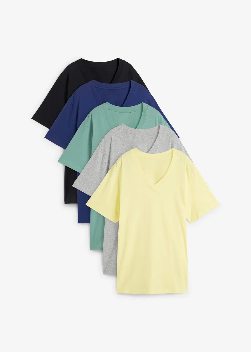 Weites Long-Shirt mit V-Ausschnitt, Kurzarm (5er Pack)