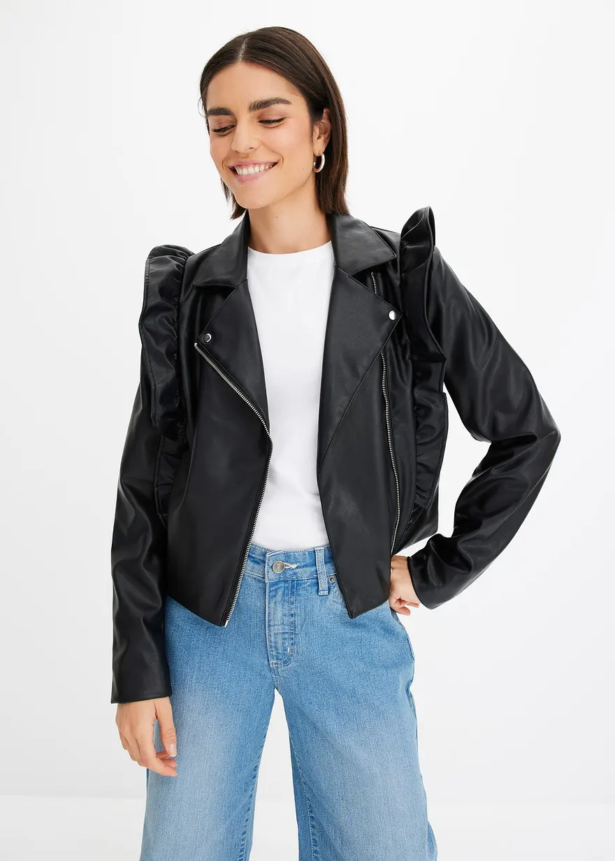 Lederimitat-Jacke mit Volants