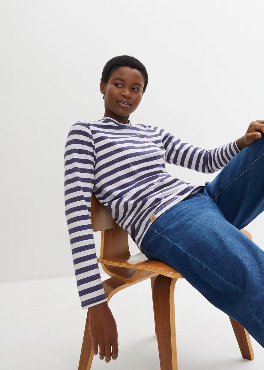 Gestreiftes Langarmshirt mit Stickerei