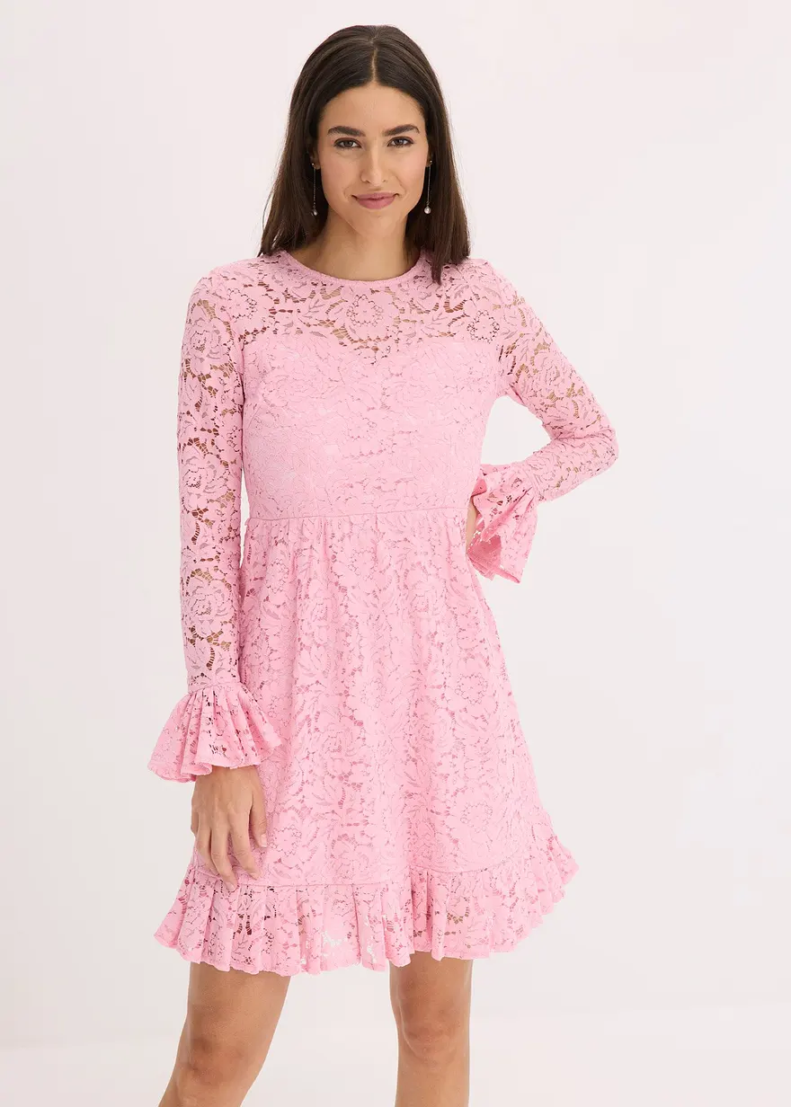 Spitzenkleid mit Satinband und Volants