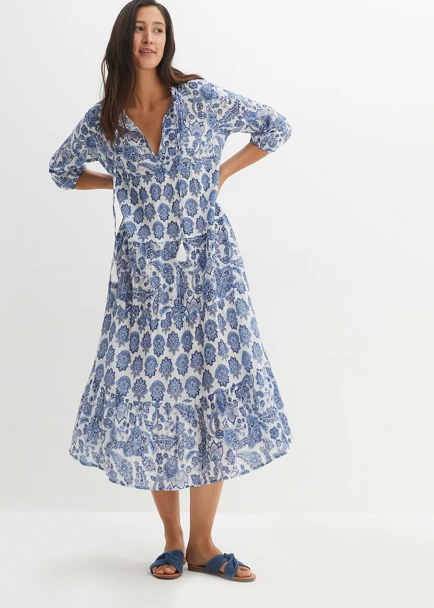 Crincle-Web-Baumwollmidikleid mit Taschen und 3/4- Arm