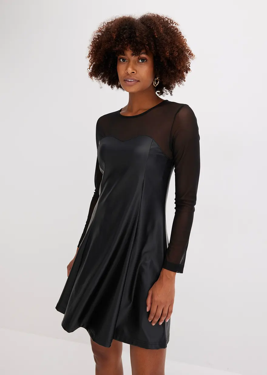 Lederimitat-Kleid mit luftigem Mesh-Einsatz