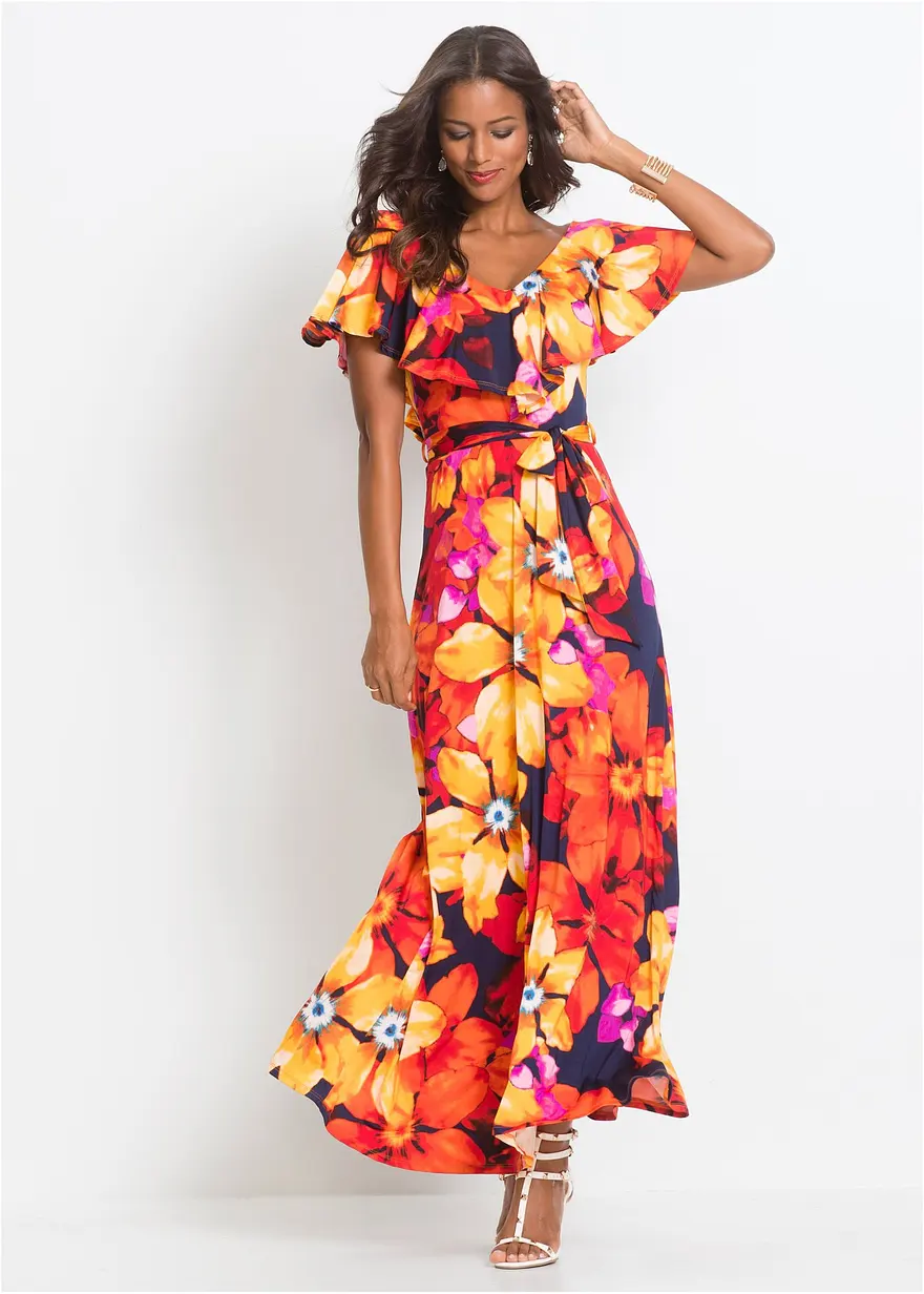 Maxikleid mit Volant und Gürtel