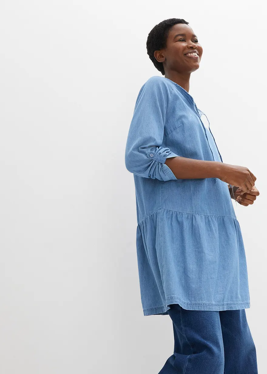Denim-Tunika mit Volant aus Bio-Baumwolle, langarm