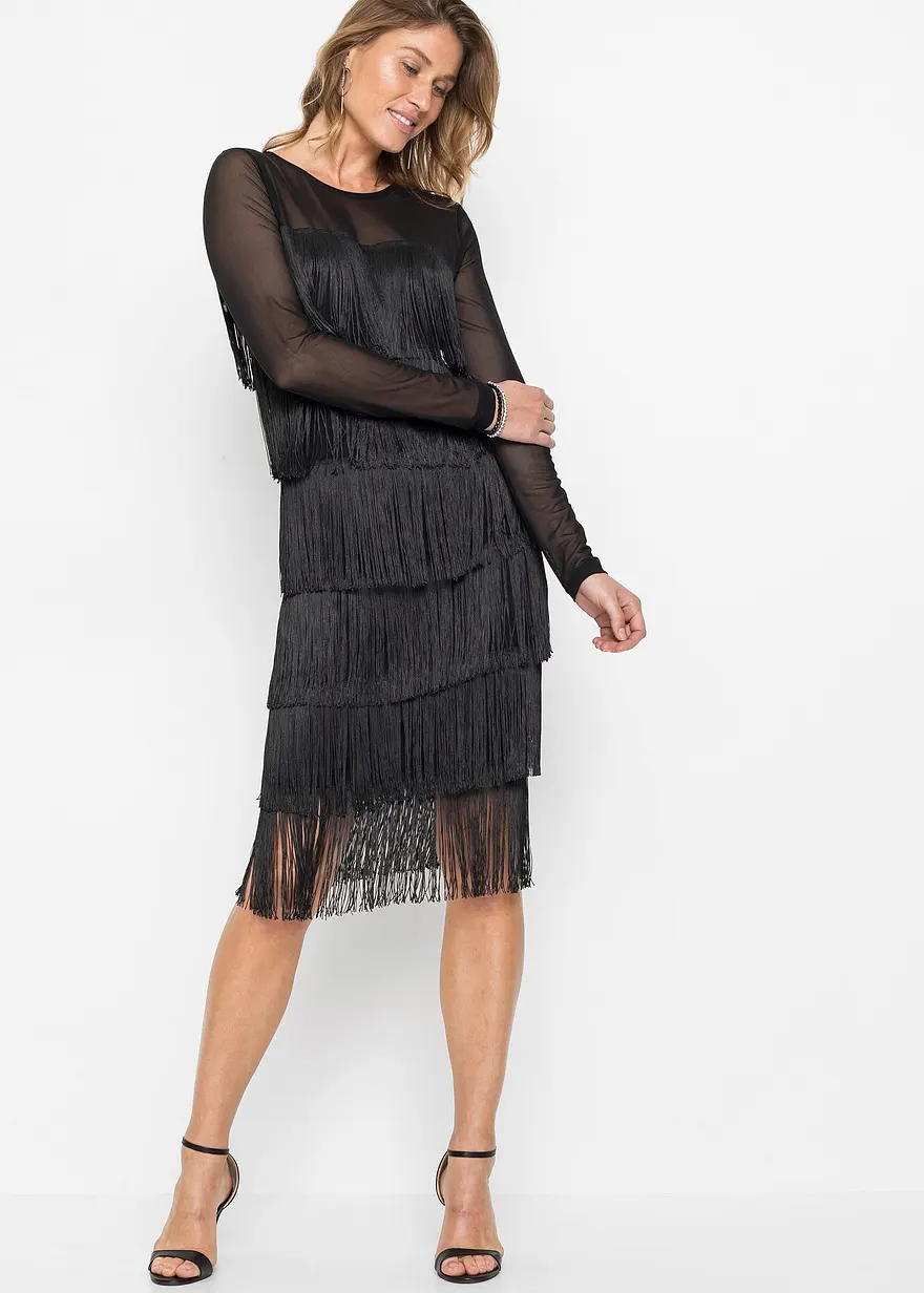 Midikleid aus luftigem Mesh mit Fransen