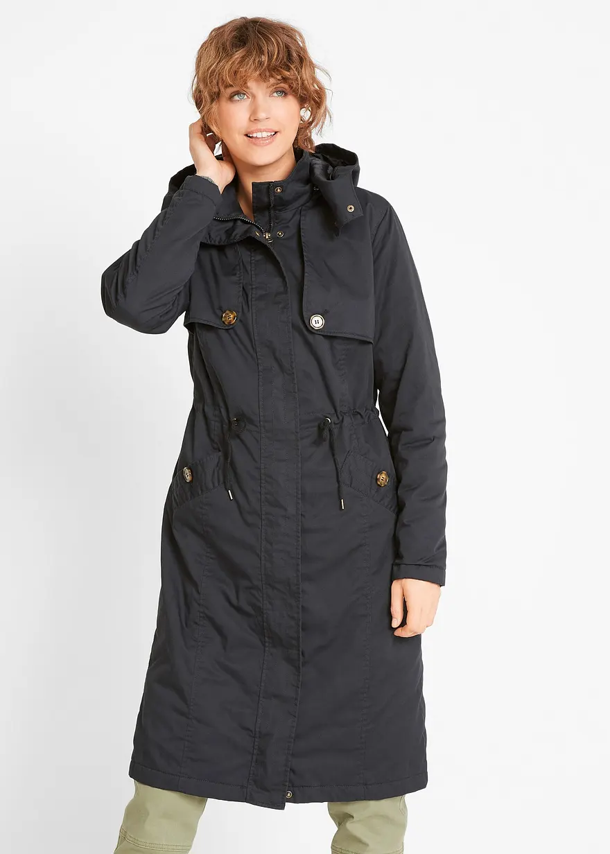 Langer Trenchcoat mit Kapuze, tailliert, leicht wattiert