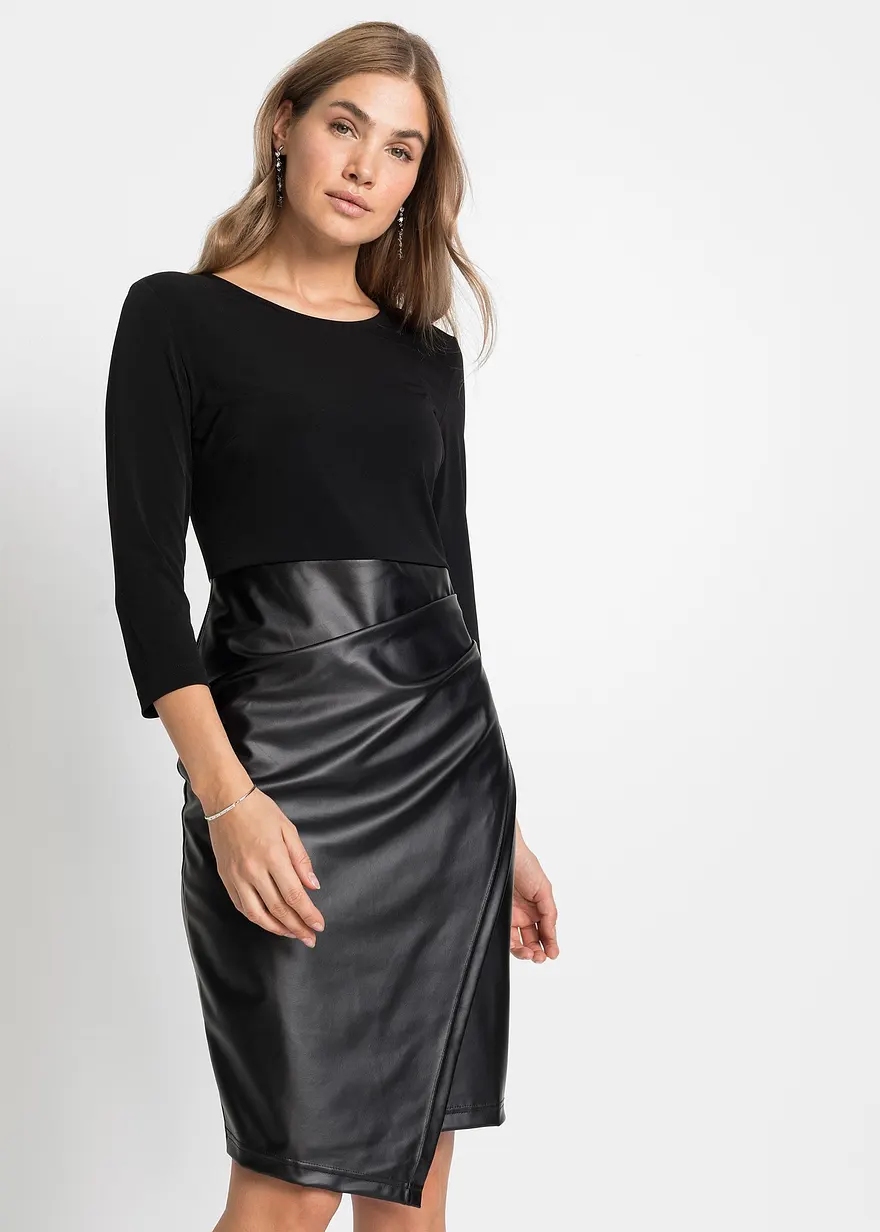 Lederimitat-Kleid mit Jersey-Oberteil