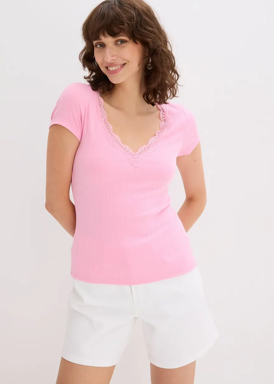 Rippshirt mit Spitzendetail (2er Pack)