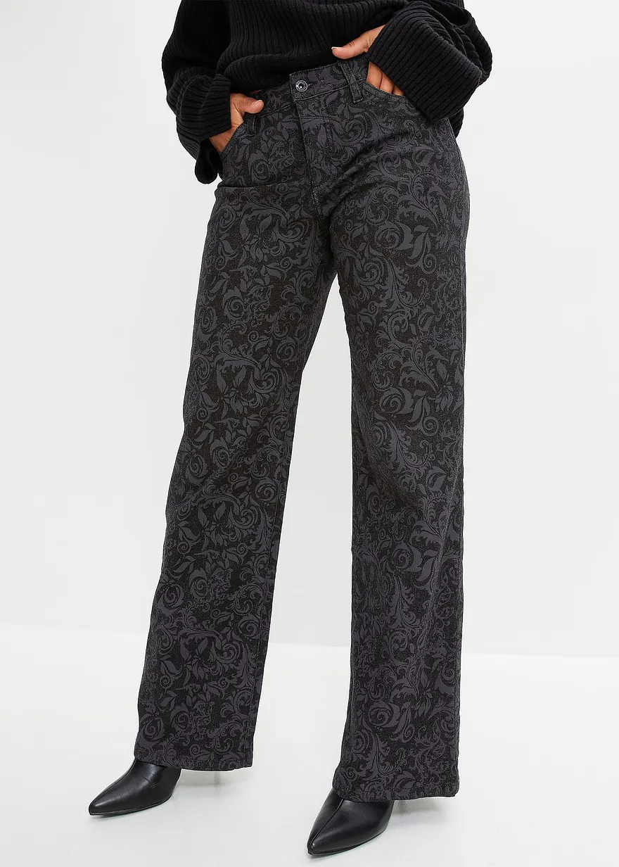 Wide-Leg-Jeans, Mid Waist mit Glanzmuster
