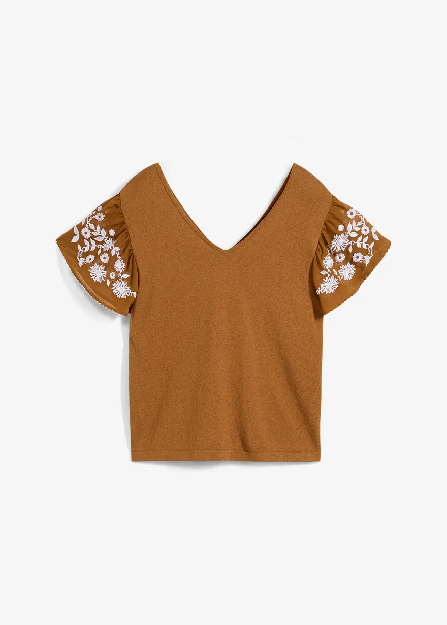 Stricktop mit Seidenanteil und Chiffonärmeln