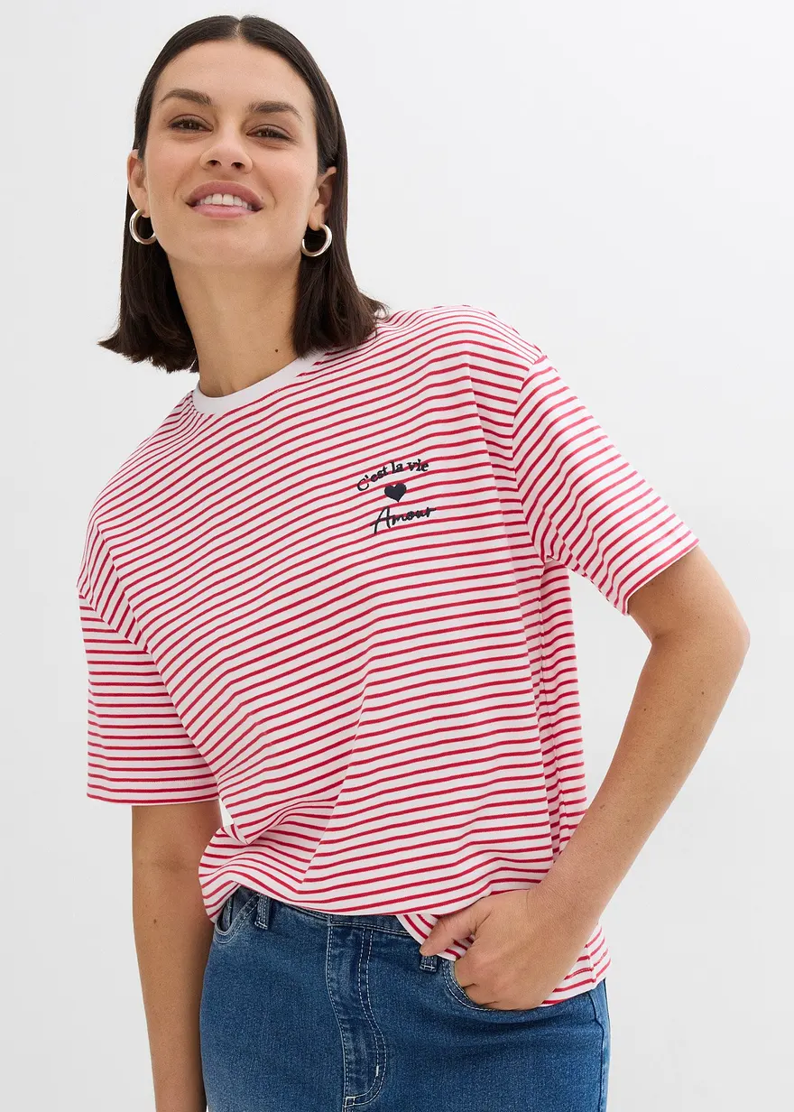 Gestreiftes T-Shirt mit Stickerei