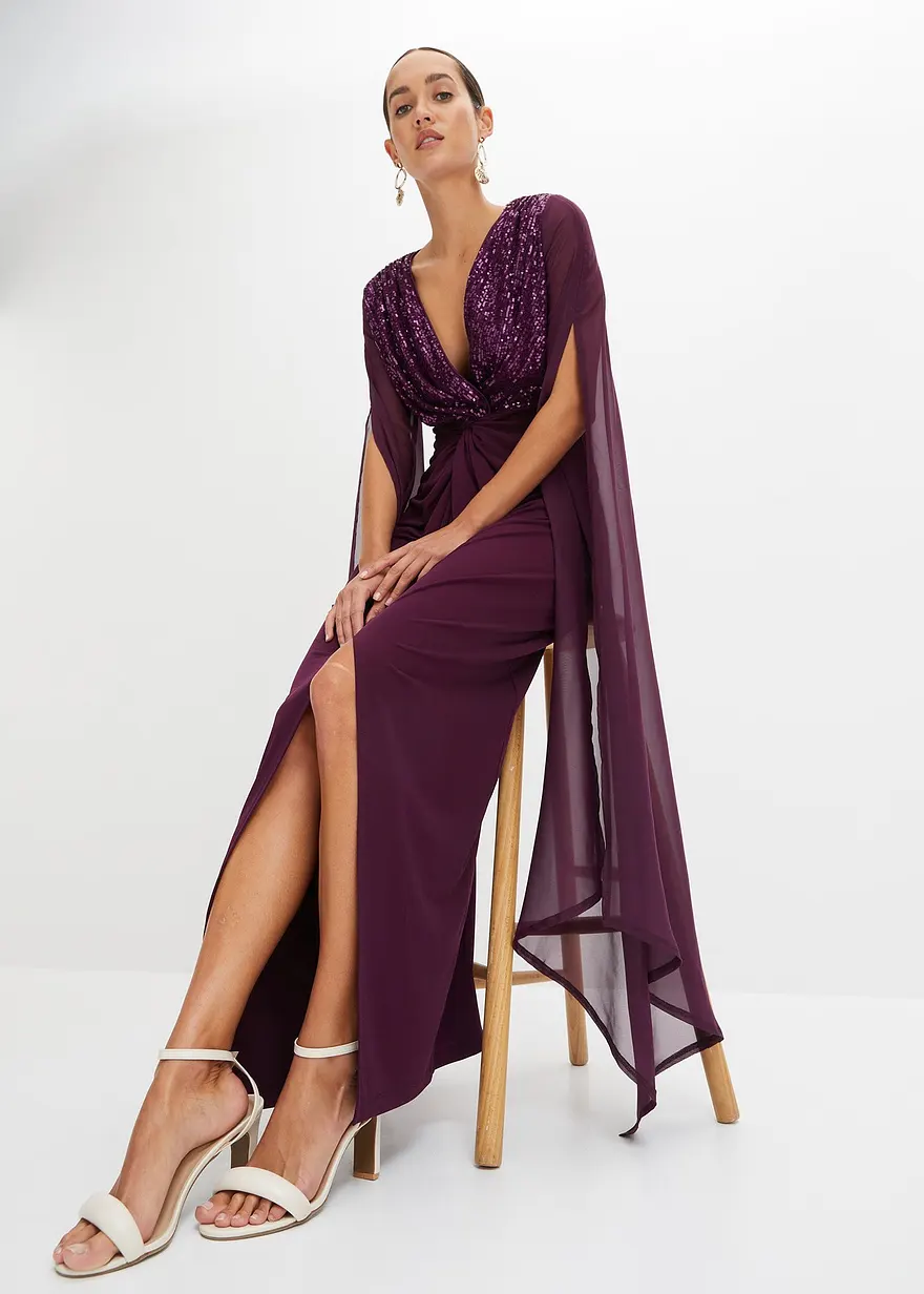 Maxikleid mit Pailletten und Chiffon-Ärmel