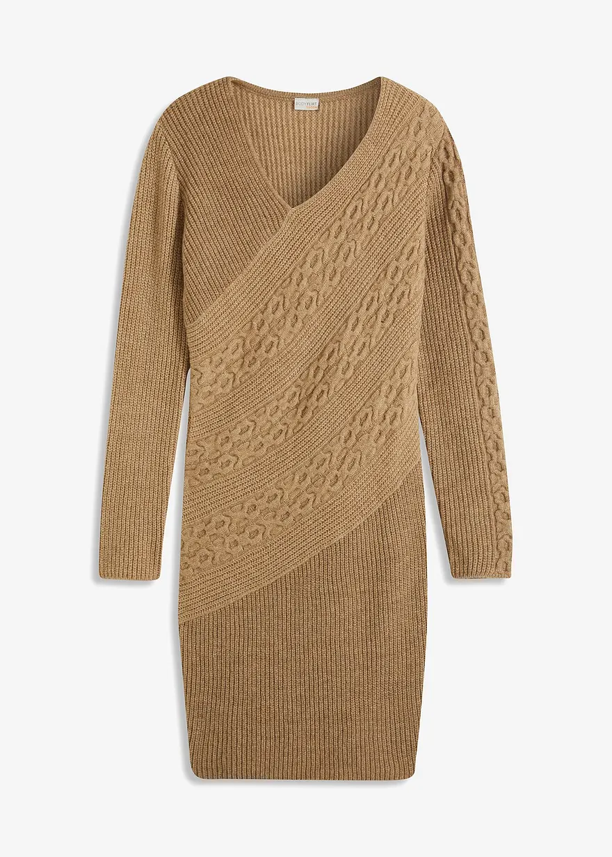 Strickkleid mit Ripp- und Zopfmuster