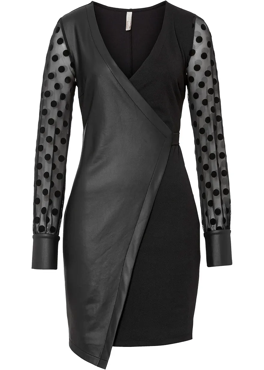 Lederimitat-Kleid mit Jersey-Einsatz und gepunkteten Mesh-Ärmel