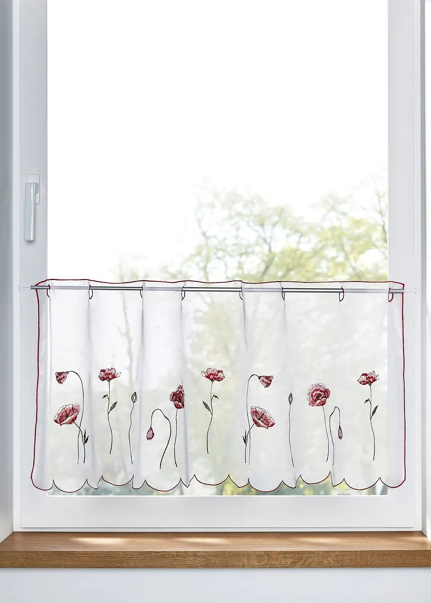 Transparente Scheibengardine mit Blumenstickerei