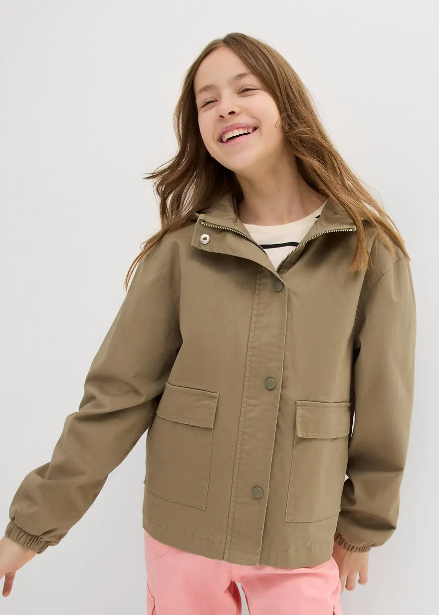 Twill-Jacke mit aufgesetzten Taschen und Kapuze