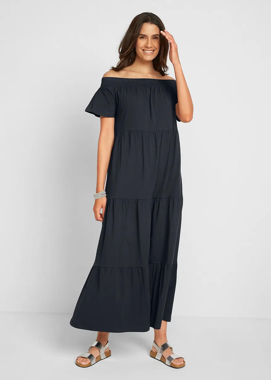 Baumwoll-Jersey-Maxikleid mit Volants und Carmenausschnitt