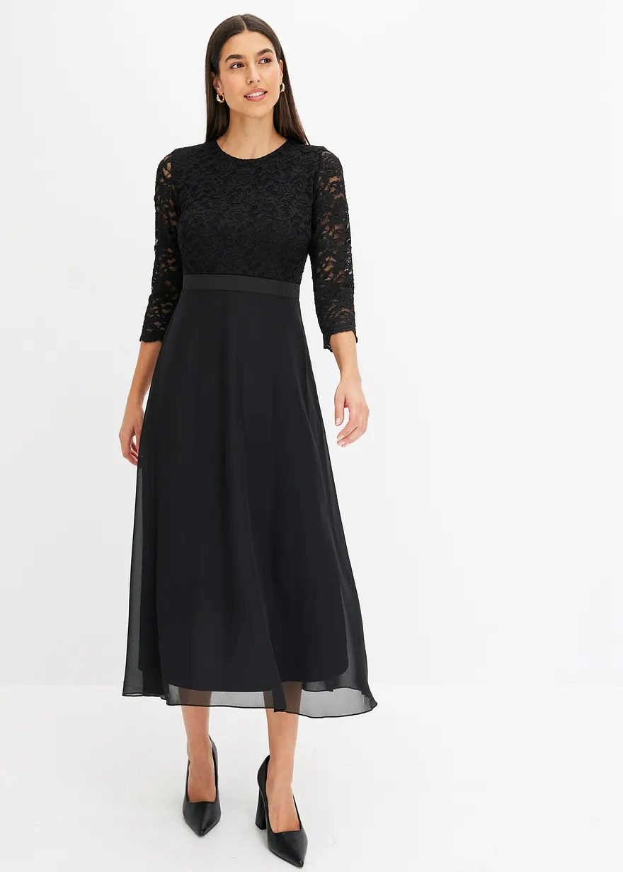 Midikleid aus leichtem Chiffon mit Spitzen-Oberteil