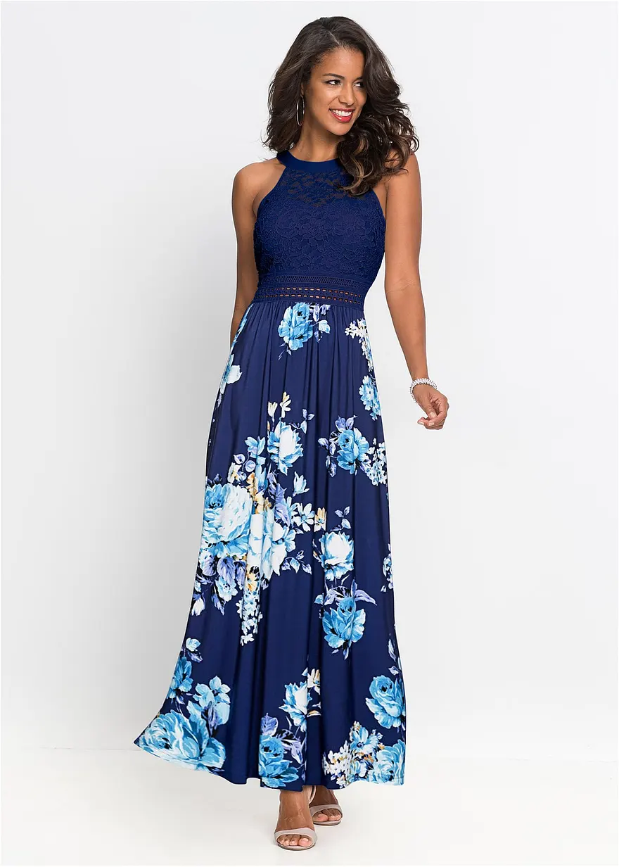 Sommer-Maxikleid mit Blumen-Print und Spitze