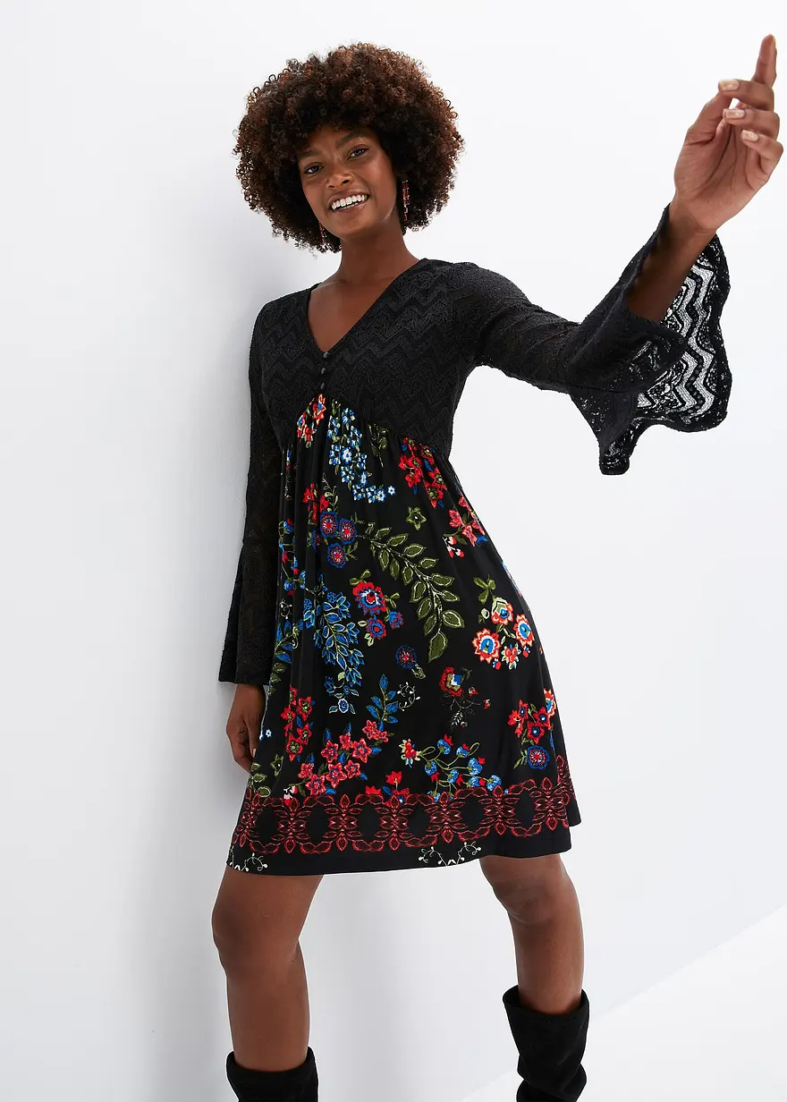 Jerseykleid mit Spitzen-Oberteil