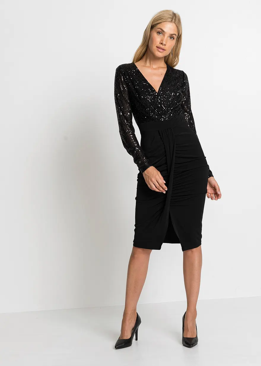 Jerseykleid mit Pailletten und Drapierung